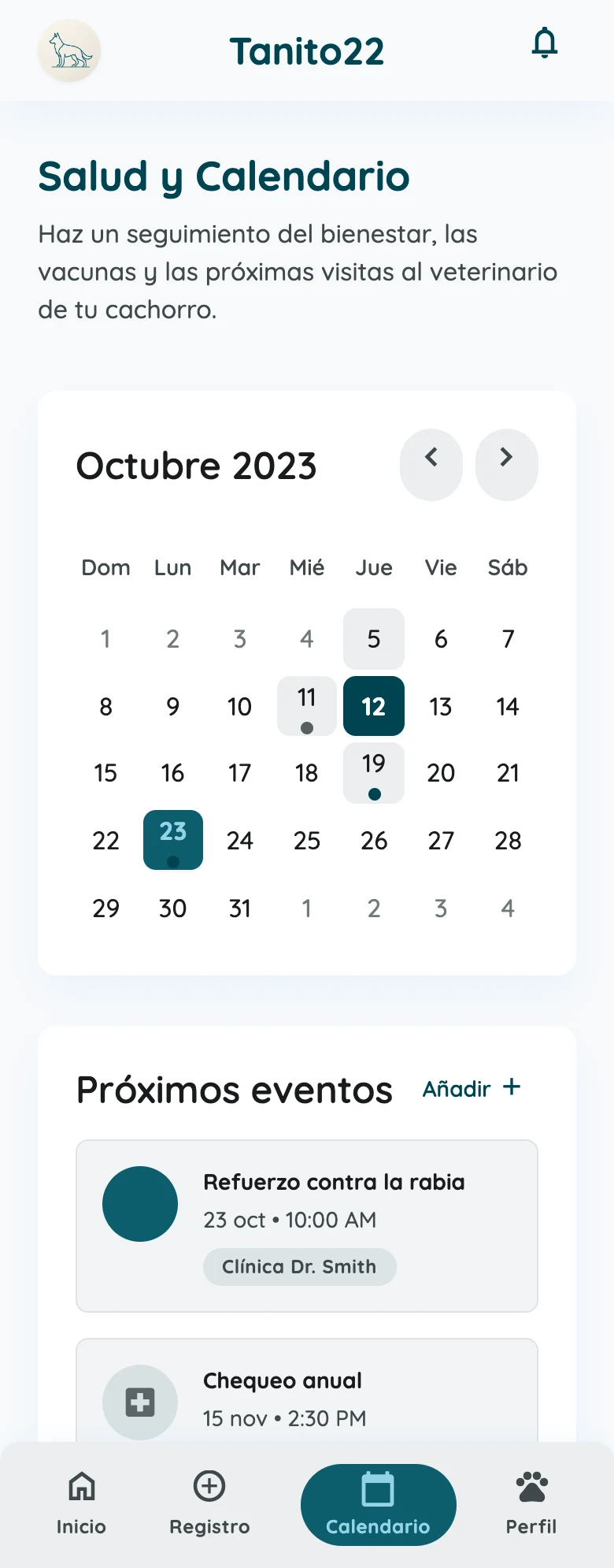 Calendario de salud de Tanito22 con vacunas y próximos eventos veterinarios